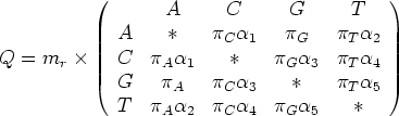 \begin{table}{\large\begin{displaymath}
Q = m_r \times \left(
\begin{array}{cccc...
...alpha_4 & \pi_G\alpha_5 & * \\
\end{array}\right)
\end{displaymath}}\end{table}