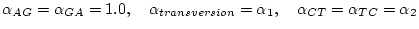 $\alpha_{AG} = \alpha_{GA} = 1.0, \quad
\alpha_{transversion} = \alpha_1, \quad
\alpha_{CT} = \alpha_{TC} = \alpha_2$