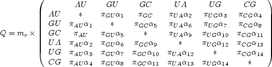 \begin{table}\begin{displaymath}
Q = m_r \times \left(
\begin{array}{ccccccc}
&...
...3} & \pi_{UG}\alpha_{14} & * \\
\end{array}\right)
\end{displaymath}\end{table}